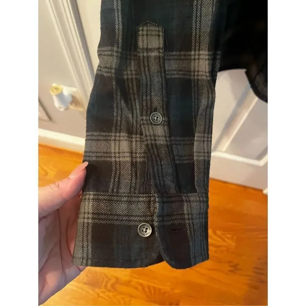 True Religion Triple Needle Plaid Blue Black Gray Flannel Button Down Shirt sz X